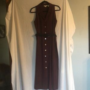 Deep purple sleeveless, button down dress.